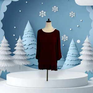 J Jill Womens Burgundy Pleated Hem Tunic Top Medium Round Neck Polyester Career